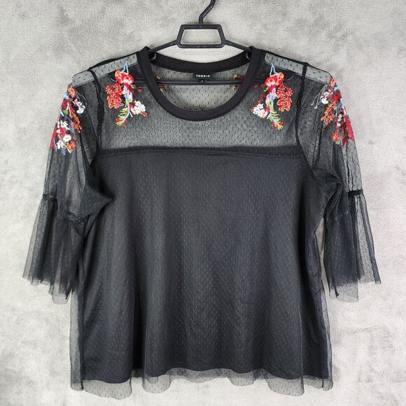 Womens Black Torrid Top Blouse Sheer Embroidered 3/4 Belle Sleeve Size 2 - Picture 3 of 12